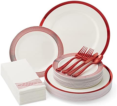 סט כלי אוכל חד פעמי של מאדי אדום / 175 יח ' ל-25 אורחים / צלחות ארוחת ערב | צלחות סלט, כלי כסף ופשתן-הרגישו